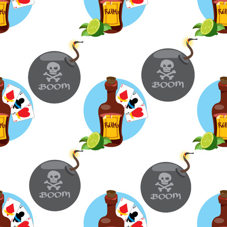Seamless pattern for design surface on pirate theme. Bottle of rum and playing cards.のイラスト素材