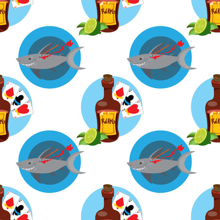 Seamless pattern for design surface on pirate theme. Bottle of rum and playing cards.のイラスト素材