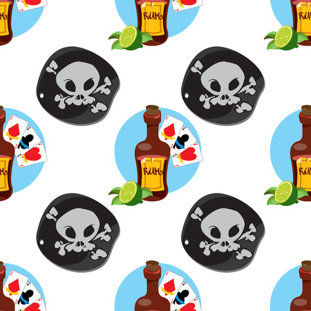 Seamless pattern for design surface on pirate theme. Bottle of rum and playing cards.のイラスト素材