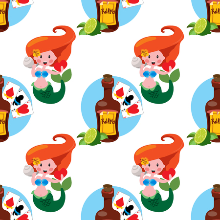 Seamless pattern for design surface on pirate theme. Bottle of rum and playing cards.のイラスト素材