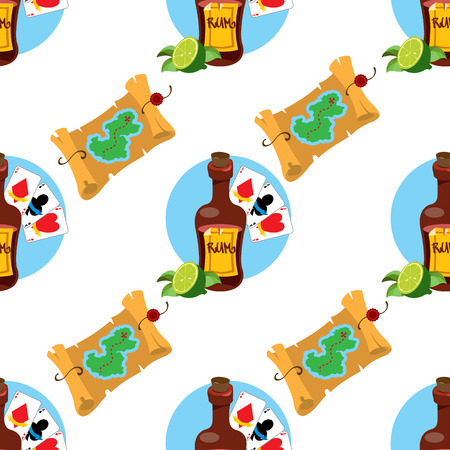 Seamless pattern for design surface on pirate theme. Bottle of rum and playing cards.のイラスト素材