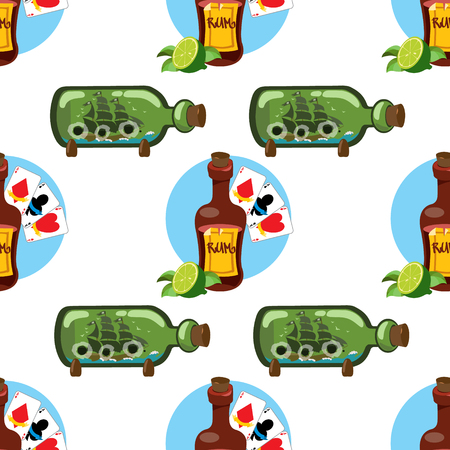 Seamless pattern for design surface on pirate theme. Bottle of rum and playing cards.のイラスト素材