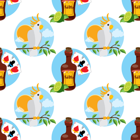Seamless pattern for design surface on pirate theme. Bottle of rum and playing cards.のイラスト素材