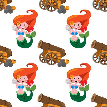 Seamless pattern for design surface Mermaid and cannon.のイラスト素材