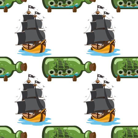 Boat with a glass bottle. Illustration on the pirate theme.のイラスト素材