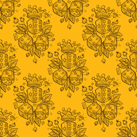 Seamless pattern with a picture of dice, a golden crown and green leaves.のイラスト素材