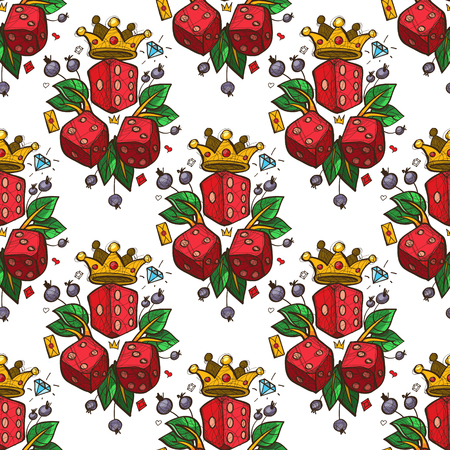 Seamless pattern with a picture of dice, a golden crown and green leaves.のイラスト素材