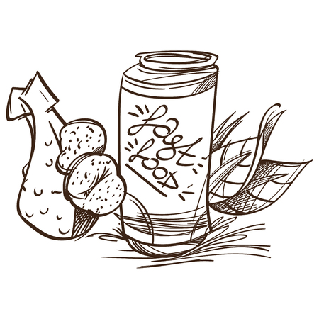 Chicken leg with baked potatoes and jar with a drink on a white background. Fast food.のイラスト素材