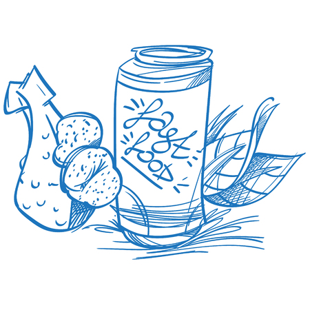 Chicken leg with baked potatoes and jar with a drink on a white background. Fast food.のイラスト素材