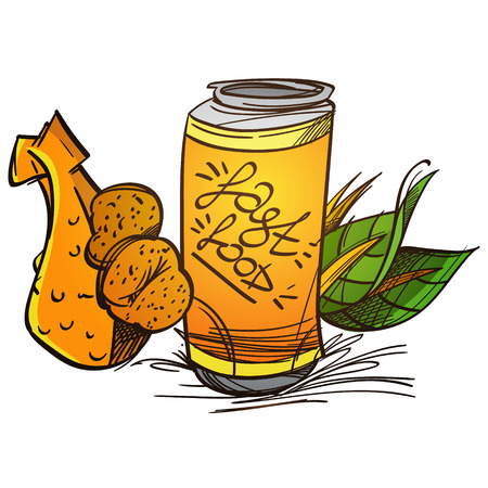 Chicken leg with baked potatoes and jar with a drink on a white background. Fast food.のイラスト素材