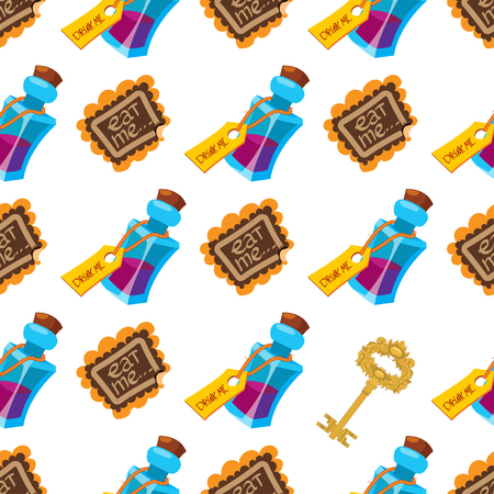 Eat me cake. Drink Me potion. Set meal for Alice in Wonderland. Blue Magic elixir in bottle. Seamless pattern can be used for wallpaper, pattern fills, web page background, surface textures.のイラスト素材