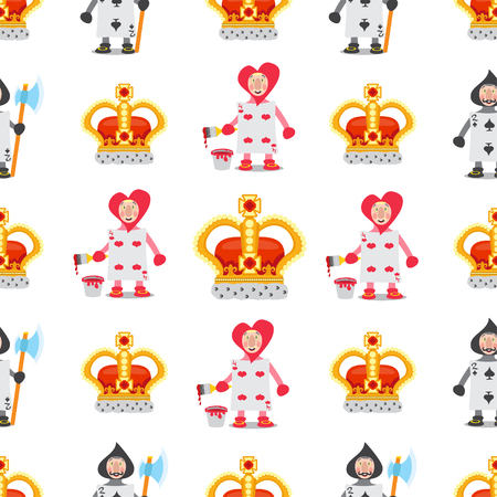 Set of illustrations on the theme of fairy tale Alice's Adventures in Wonderland. Cards and crowns. Seamless pattern can be used for wallpaper, pattern fills, web page background, surface textures.のイラスト素材