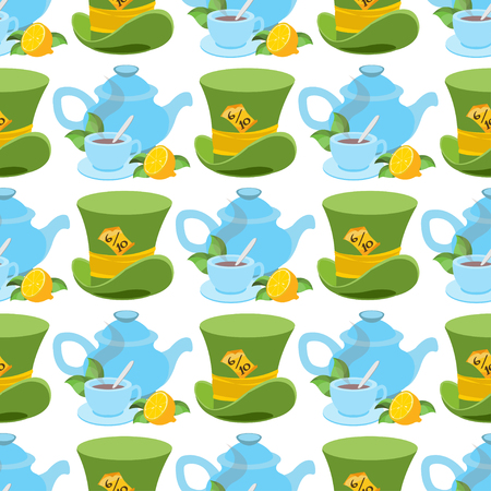 Hat and teapot from Wonderland World. This way - that way. Seamless Vector Texture Can Be Used for Wallpapers, Pattern Fills, Web Page Backgrounds, Surface Textures.のイラスト素材