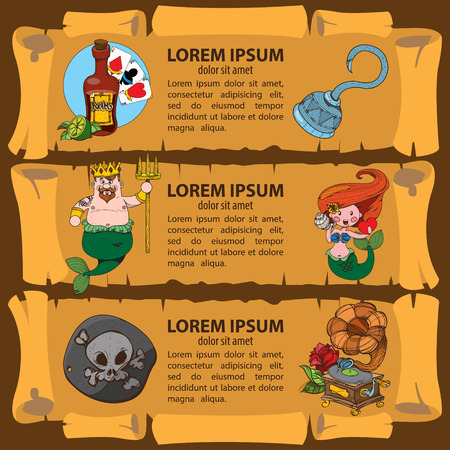 Set of banners imitating ancient papyrus. Three scroll to design a pirate parties, casino, table games or mobile applications. Pirates, vintage items and marine sazochnye inhabitants.のイラスト素材