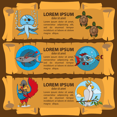 Set of banners imitating ancient papyrus. Three scroll to design a pirate parties, casino, table games or mobile applications. Pirates, vintage items and marine sazochnye inhabitants.のイラスト素材