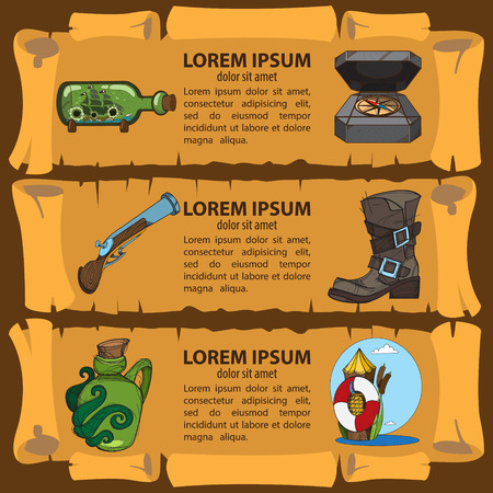 Set of banners imitating ancient papyrus. Three scroll to design a pirate parties, casino, table games or mobile applications. Pirates, vintage items and marine sazochnye inhabitants.のイラスト素材