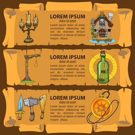 Set of banners imitating ancient papyrus. Three scroll to design a pirate parties, casino, table games or mobile applications. Pirates, vintage items and marine sazochnye inhabitants.のイラスト素材
