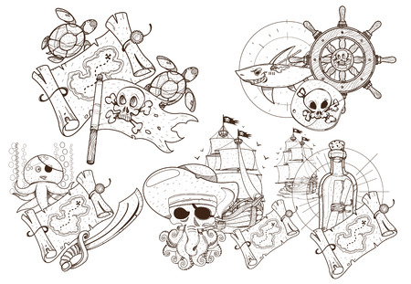 Set of black and white illustrations for coloring outline of pirated items.のイラスト素材