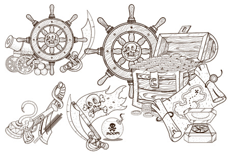 Medieval adventure. Treasures of the and sea attributes. Set of black and white illustrations for coloring outline of pirated items.のイラスト素材