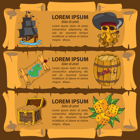 Set of banners imitating ancient papyrus. Three scroll to design a pirate parties, casino, table games or mobile applications. Pirates, vintage items and marine sazochnye inhabitants.のイラスト素材