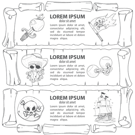 Set outline of banners imitating ancient papyrus. Three scroll to design a pirate parties, casino, table games or mobile applications. Pirates, vintage items and marine sazochnye inhabitants.のイラスト素材