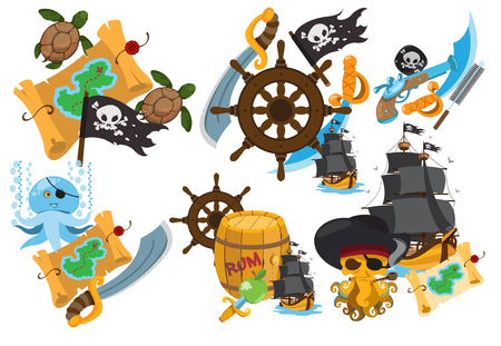Set illustrations on the theme of pirates and marine inhabitants. Fairy-tale cartoon characters and objects. Rogues and trophies.のイラスト素材