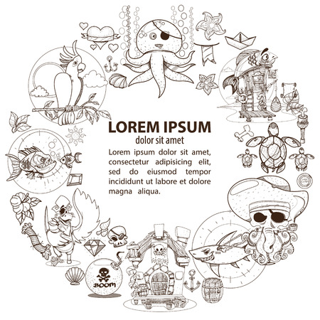 The round frame on the pirate theme. Hilarious characters in cartoon style for design of children's games and a variety of goods.のイラスト素材