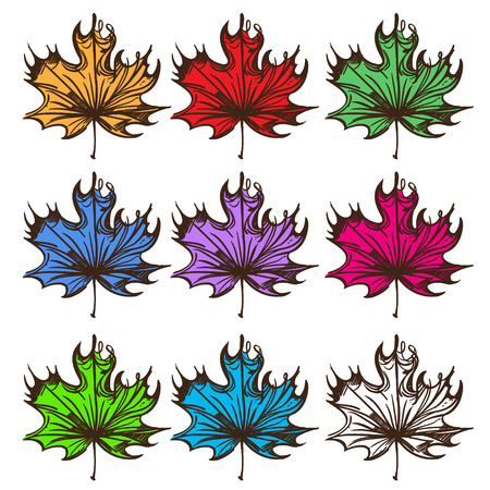 Big set of multi-colored maple leaves. Labels for design autumn party and various items.のイラスト素材