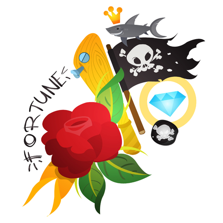 Sketch of tattoo with a dagger and roses. Illustration for coloring with the Jolly Roger. Drawing from a pirate and flowers for design t-shirts, playing cards, theme parties.のイラスト素材