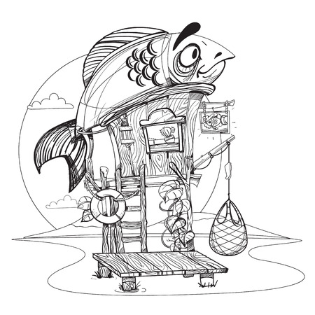 House fisherman. Cartoon illustration of a wooden hut on stilts near the river. Drawing for gaming mobile applications. Illustration for coloring.のイラスト素材