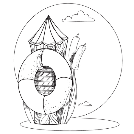 Log and a life buoy in the water. Cartoon drawing for gaming mobile applications. Illustration for coloring.のイラスト素材