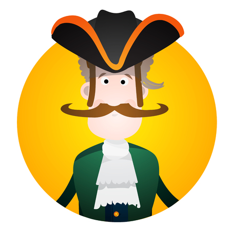 Round sticker with the image of a fun pirate in a cocked hat and eye patch. Cartoon illustration for gaming mobile applications and for design t-shirts and other items. Avatar pirate.のイラスト素材