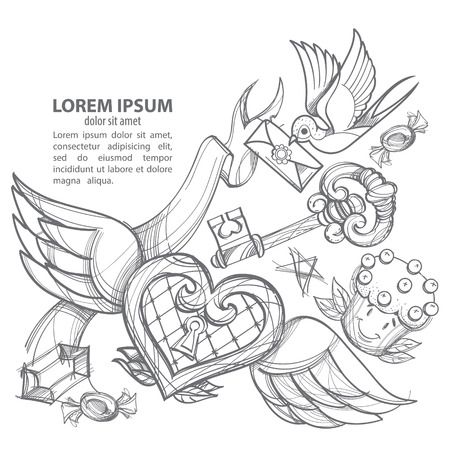 Template for banner or poster. Heart with wings and a swallow. Drawing for coloring.のイラスト素材