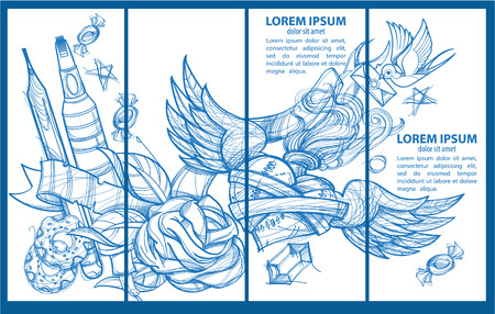 A set of four banner templates. Envelope, pencil, donuts, marker, heart with wings and flowers. Drawing for coloring.のイラスト素材