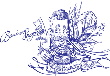 Outline drawing of a bearded man. Barbershop. Template for a poster or banner. A sketch of a tattooのイラスト素材