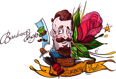 Color drawing of a bearded man. Barbershop. Template for a poster or bannerのイラスト素材