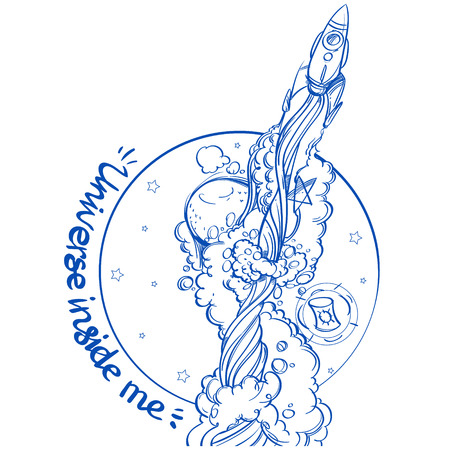 The rocket go up on the background of the globe. Contour illustration on the theme of space exploration. Motivotsionny poster. A sketch of a tattooのイラスト素材