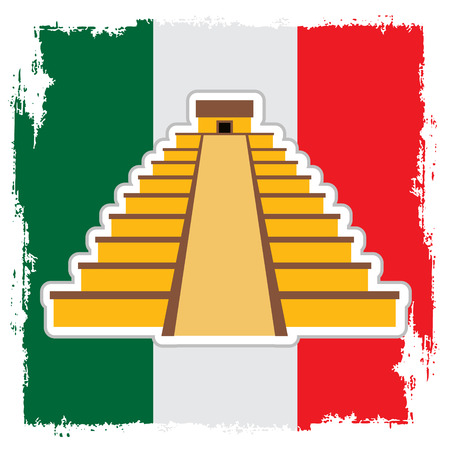 Teotihuacan on the background of the Mexican flag. Pyramid of the Sun and Pyramid of the Moon. Mexican sights logoのイラスト素材