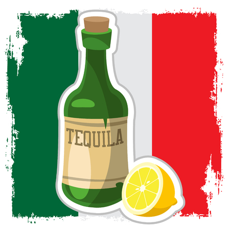 Bottle of tequila and lemon on the background of the Mexican flag. Alcoholのイラスト素材