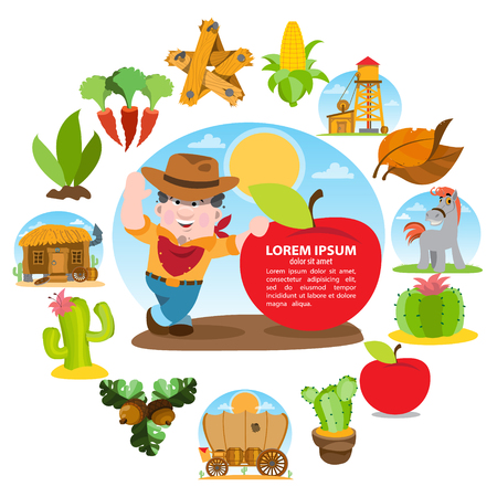 Farmer and a big red apple. Agricultural business. Set of color illustrations on the theme of farming.のイラスト素材