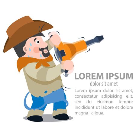 Prospector, cowboy, wild west illustration. Cartoon character of a man with a jackhammer and a lamp.のイラスト素材