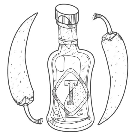 Tomato. Ketchup with hot pepper. Hot sauce. Illustrations coloring.のイラスト素材