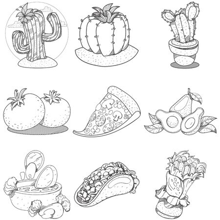 Set of icons on a Mexican theme. Mexican food and household items. Illustrations coloringのイラスト素材