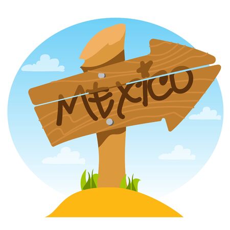Mexico. Wooden signpost with the inscription. Design element for tourist promotional materials.のイラスト素材
