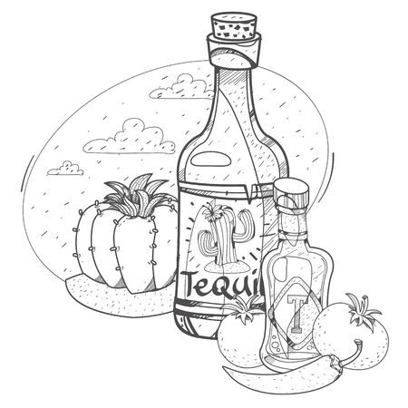 Tomato ketchup and tequila. Hot sauce. Illustrations coloringのイラスト素材