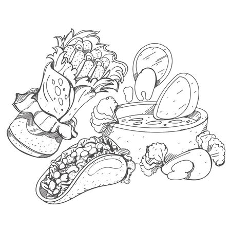 Taco, enchilada, nachos and salsa . Mexican traditional dish. Illustrations coloringのイラスト素材