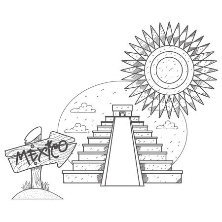 Teotihuacan. Pyramid of the Sun and Pyramid of the Moon. Mexican sights logo. Illustrations coloringのイラスト素材