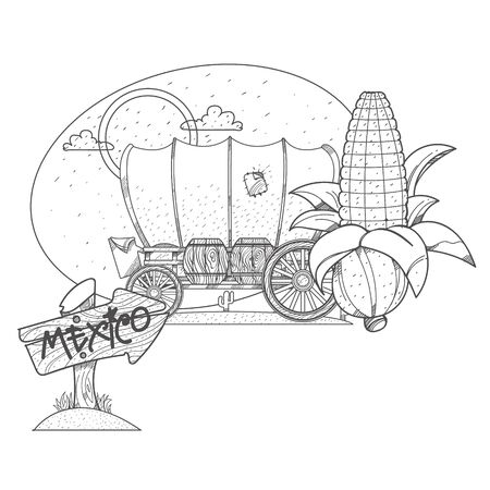 Covered wagon, an ear of corn and a wooden pointer. Illustrations coloringのイラスト素材