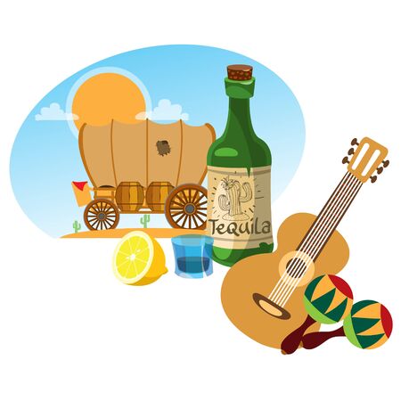 Guitar, maracas. Cow skull on a wheel. Color illustration of a summer themeのイラスト素材