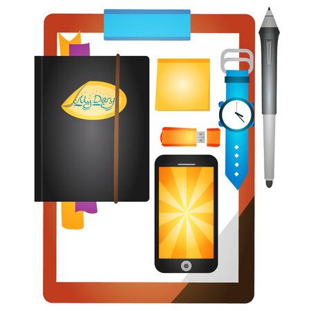 Diary, marker, mobile phone and other things a business person. Stationery.のイラスト素材